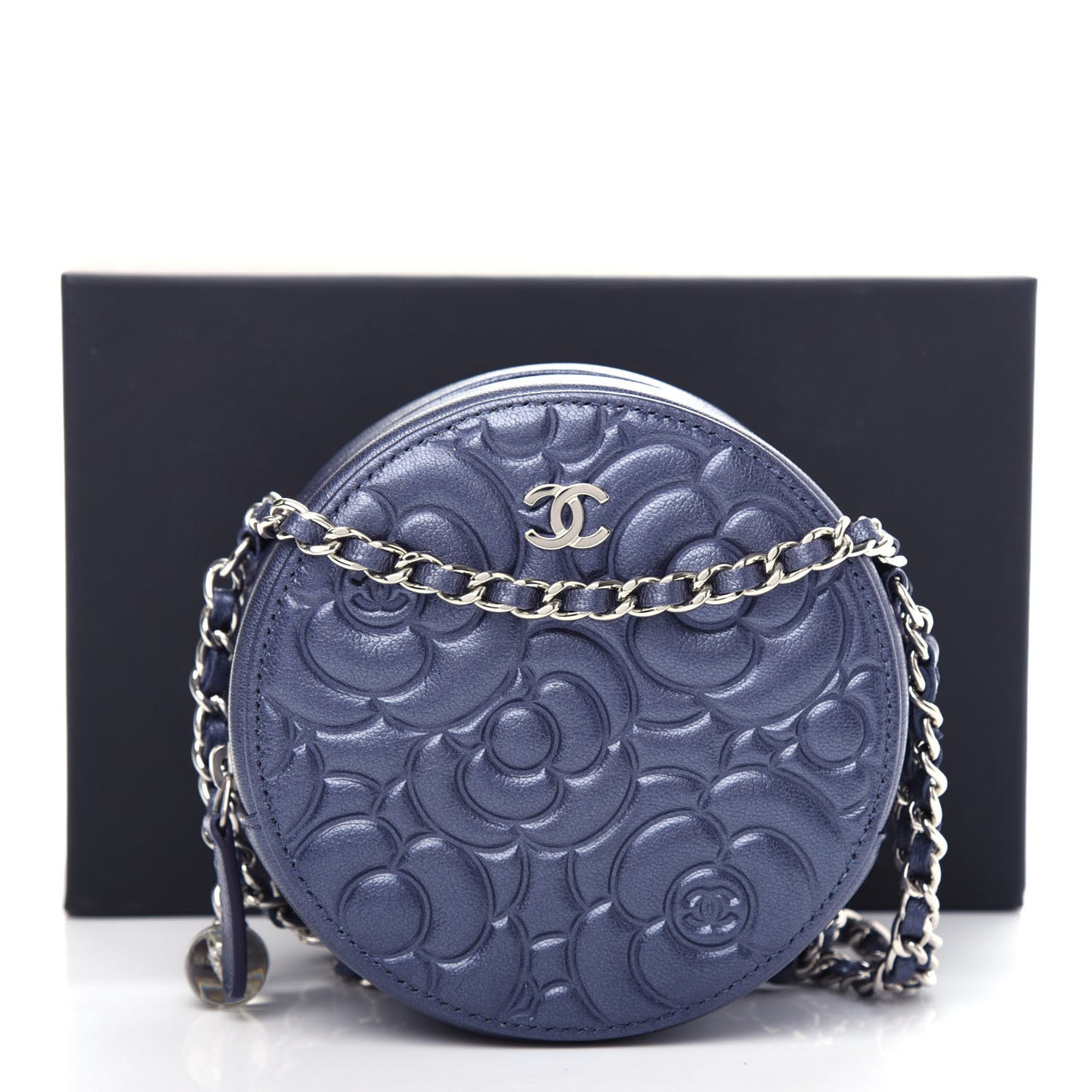 Goatskin Camellia Embossed Round Clutch With Chain Dark Blue