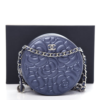 Chanel Goatskin Camellia Embossed Round Clutch With Chain Dark Blue 11 of 11