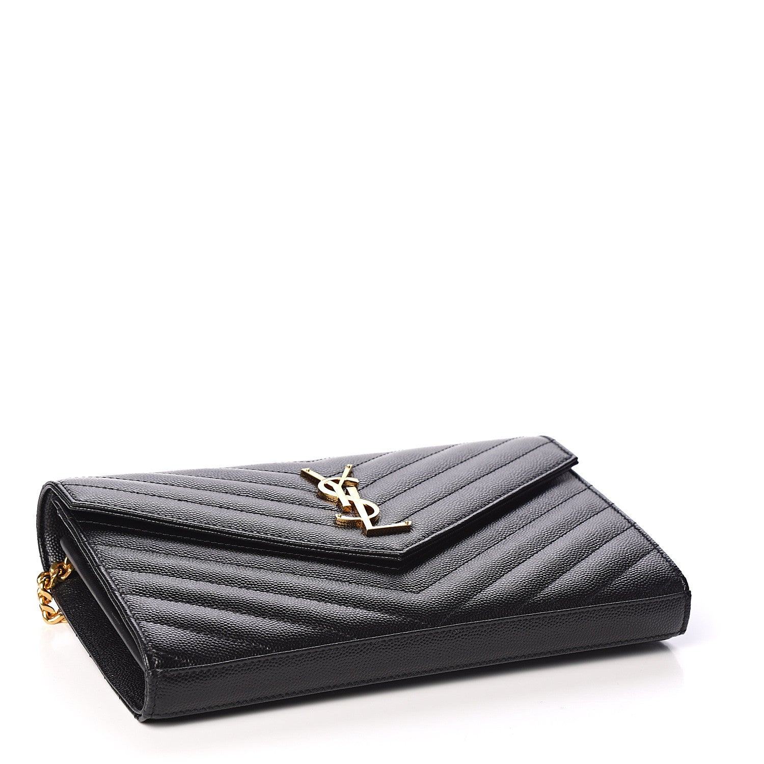 Saint Laurent Grain De Poudre Matelasse Chevron Monogram Chain Wallet Black 3 of 10