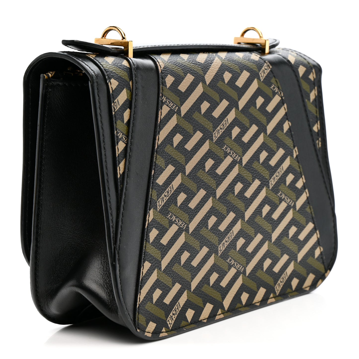 Coated Canvas La Greca Signature Print Virtus Top Handle Shoulder Bag Black Khaki