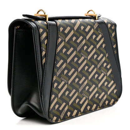 Versace Coated Canvas La Greca Signature Print Virtus Top Handle Shoulder Bag Black Khaki 3 of 12