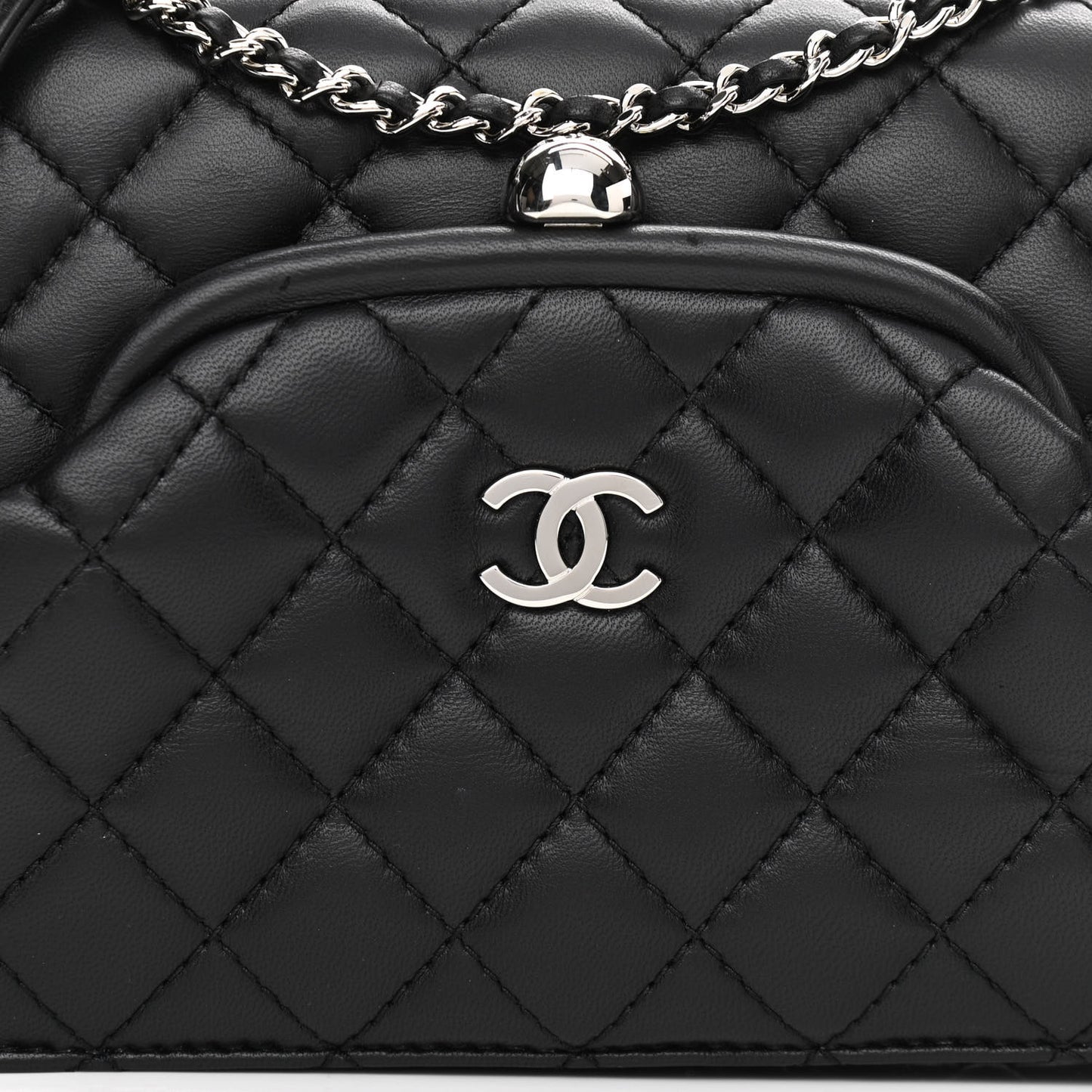 Lambskin Quilted Kiss Lock Flap Bag Black