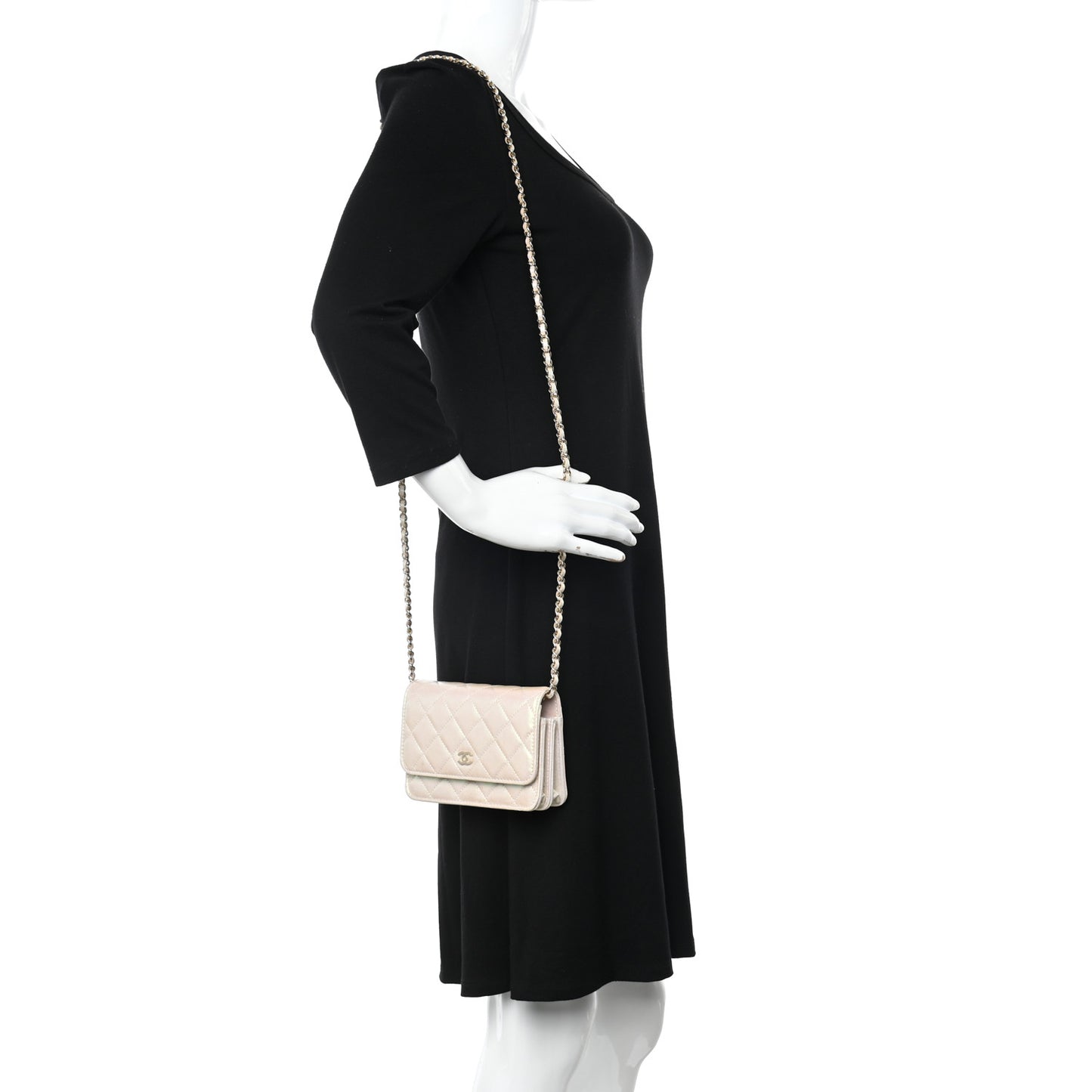 Iridescent Lambskin Quilted Mini Wallet On Chain WOC Ivory
