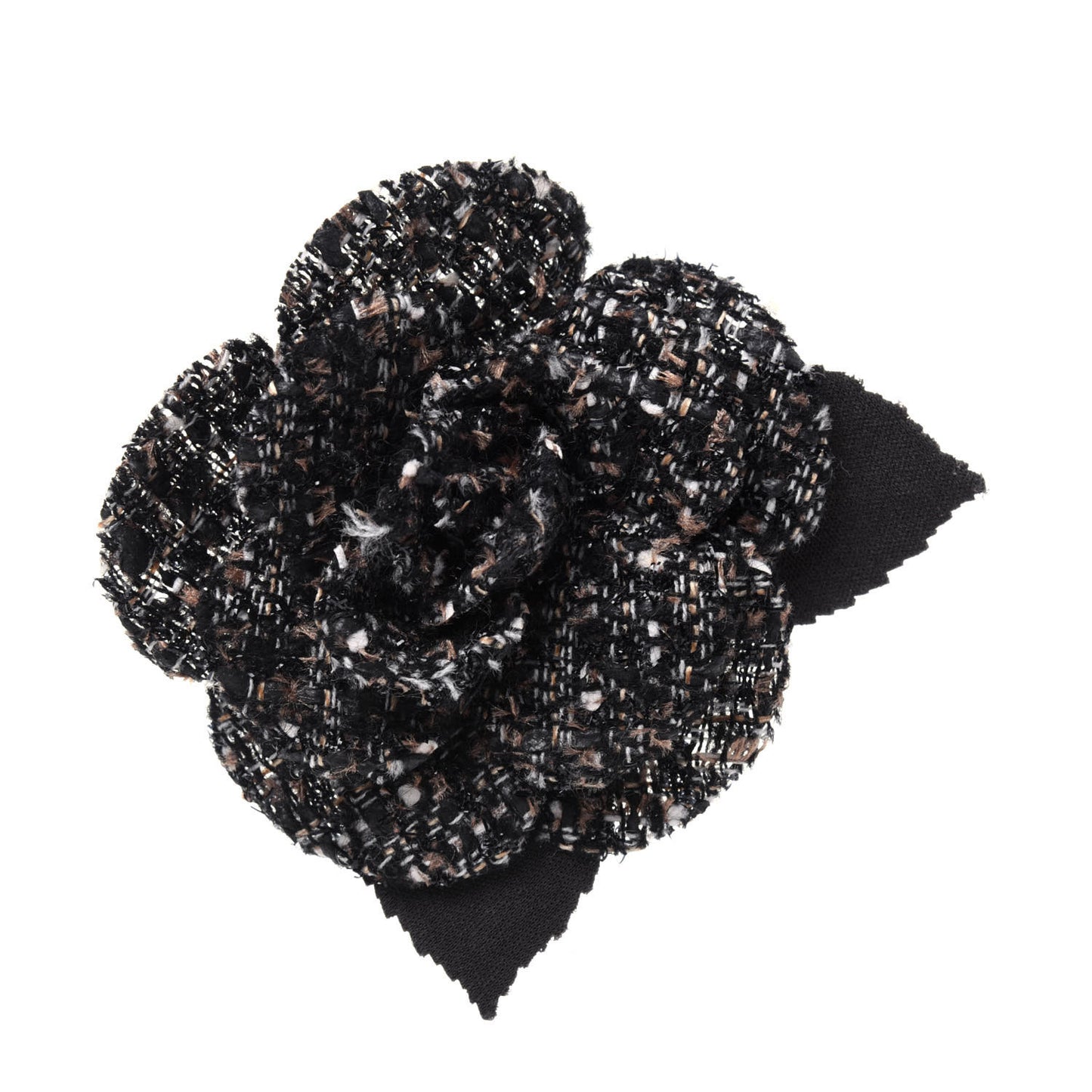 Tweed Camellia CC Pin Brooch Brown Black