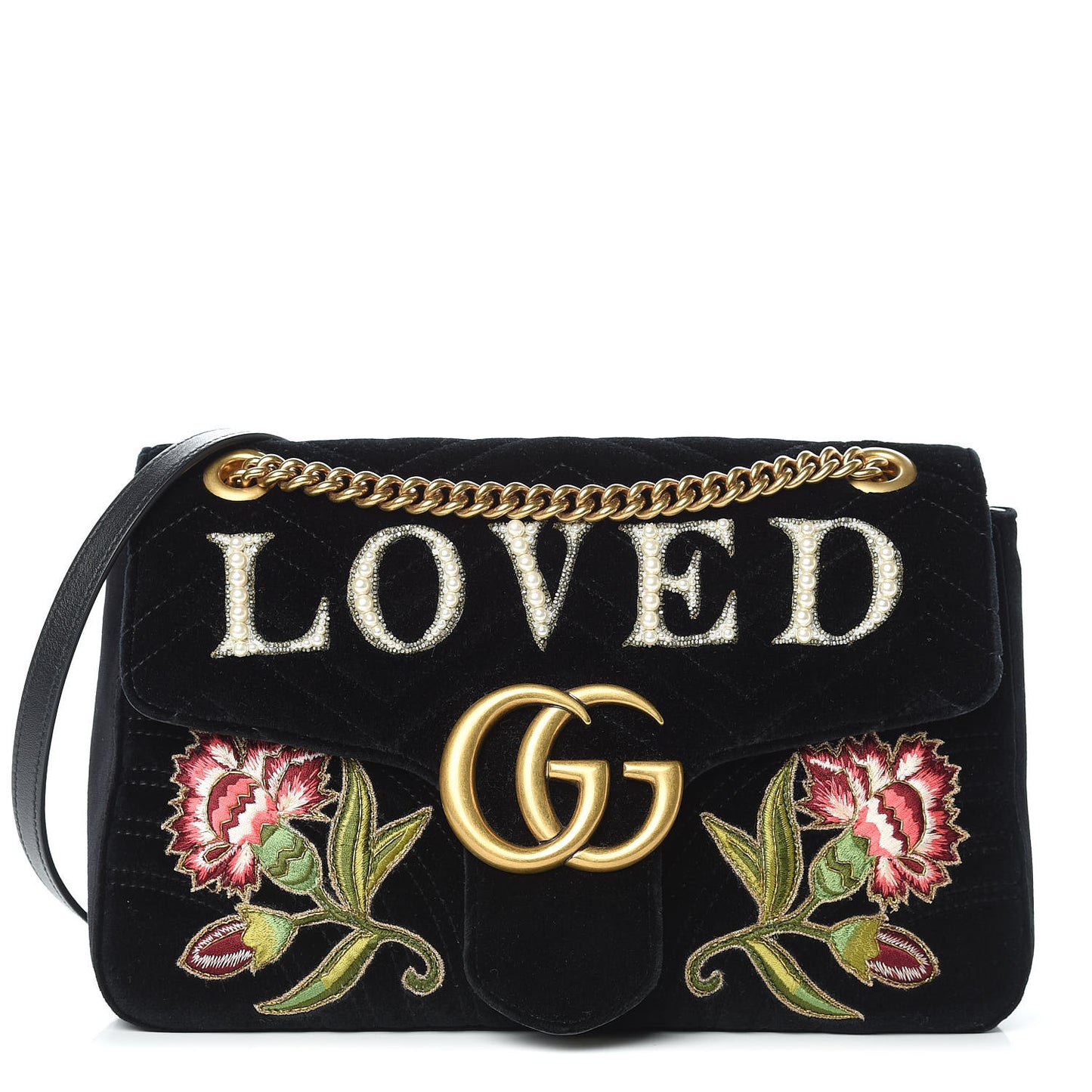 Velvet Matelasse Loved Embroidered Medium GG Marmont Shoulder Bag Black
