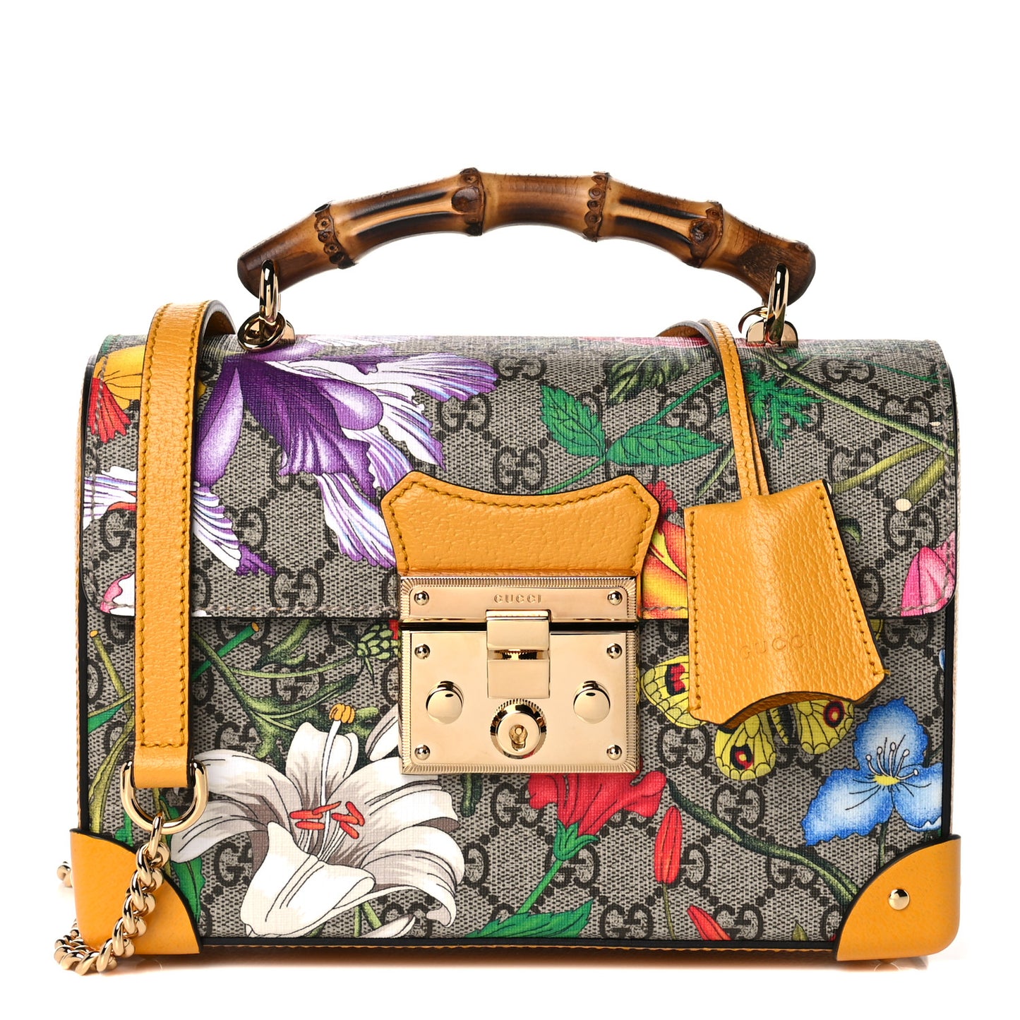 GG Supreme Monogram Flora Small Padlock Bamboo Shoulder Bag Beige Multicolor Crop