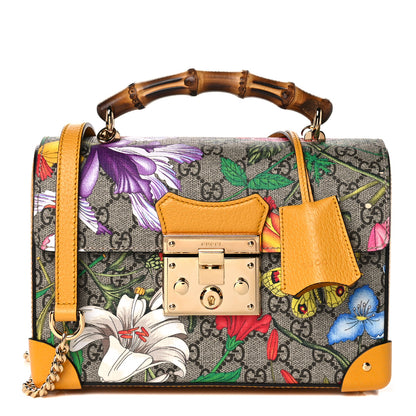 Gucci GG Supreme Monogram Flora Small Padlock Bamboo Shoulder Bag Beige Multicolor Crop 1 of 9