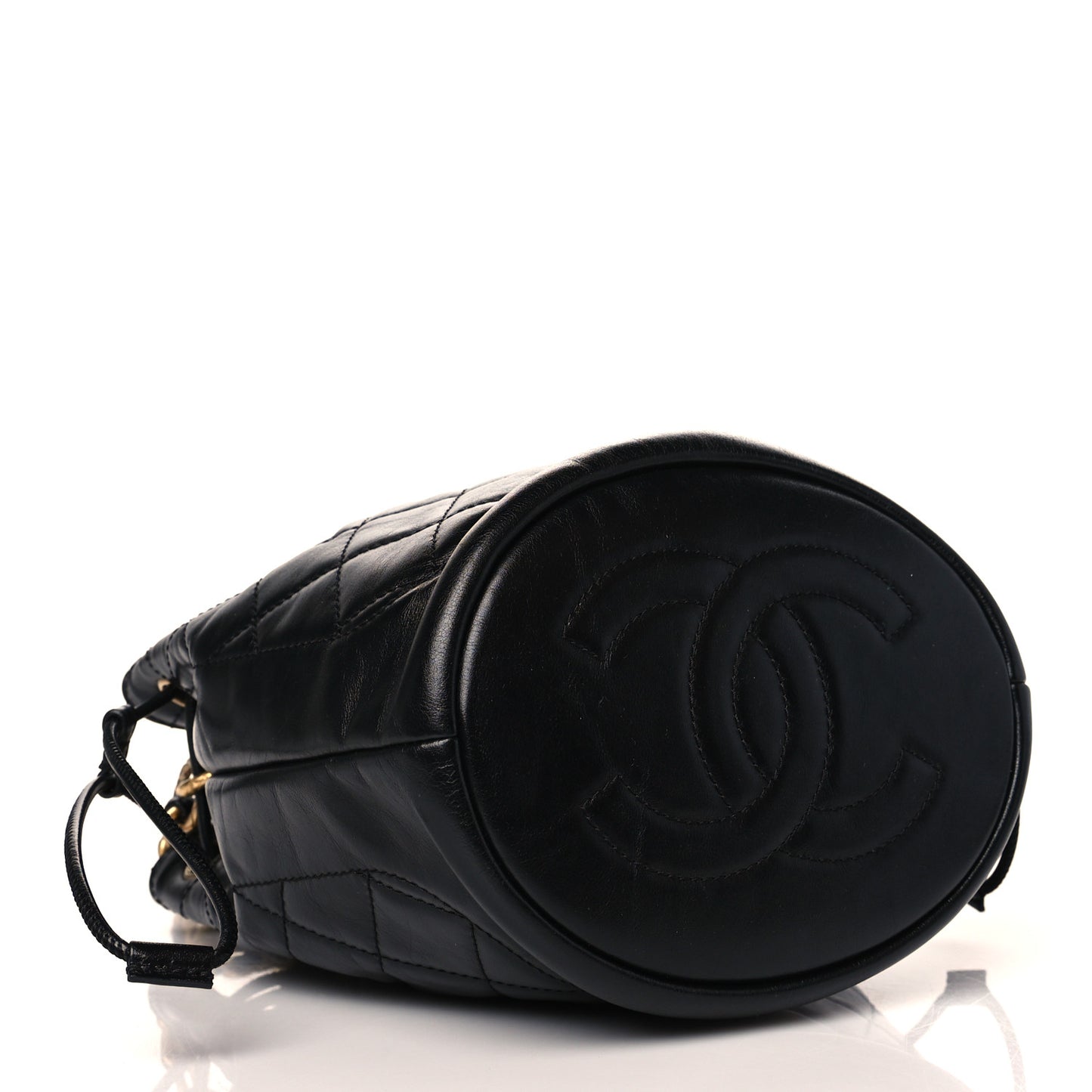 Calfskin Stitched Coco Ring Bucket Drawstring Bag Black