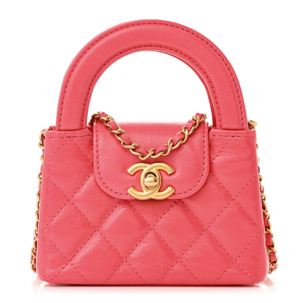 Chanel Shiny Aged Calfskin Quilted Mini Nano Kelly Shopper Dark