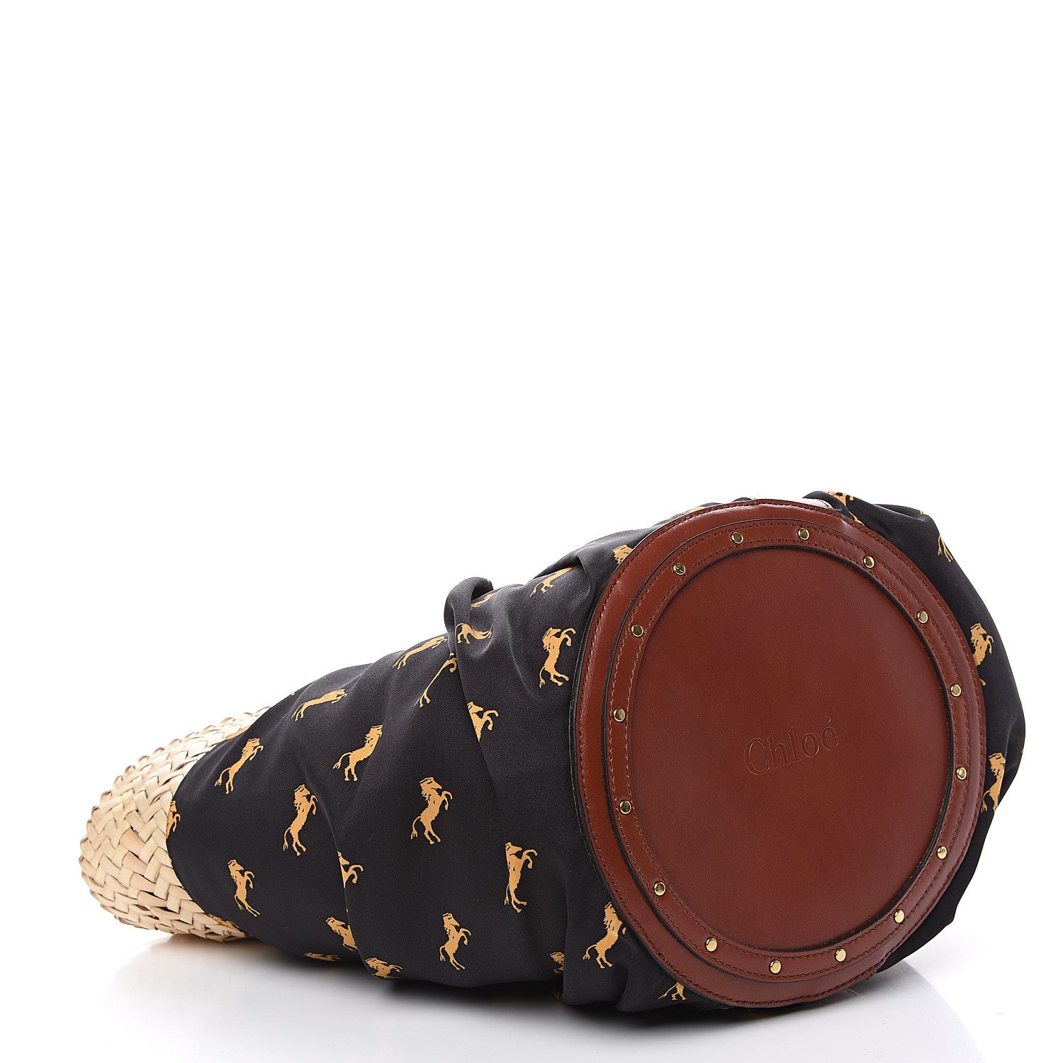 Chloe Smooth Calfskin Raffia Little Horses Medium Panier Basket Black Yellow 3 of 9