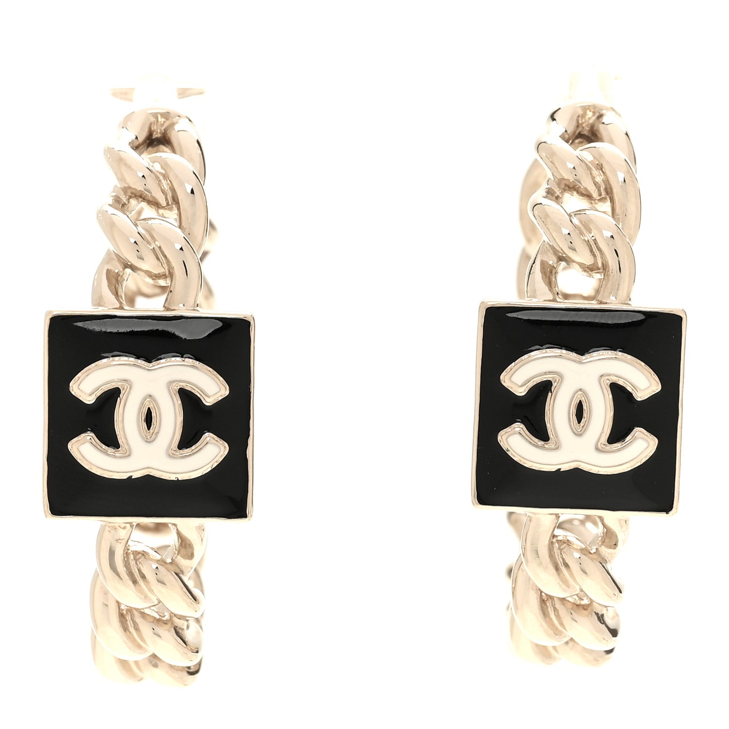Chanel Metal Enamel CC Square Chain Hoop Earrings Gold Black 1 of 5