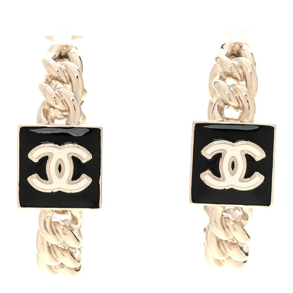 Chanel Metal Enamel CC Square Chain Hoop Earrings Gold Black 1 of 5