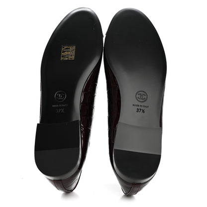 Chanel Patent Calfskin Crocodile Embossed Ballerina Flats 37.5 Dark Burgundy Black 6 of 10