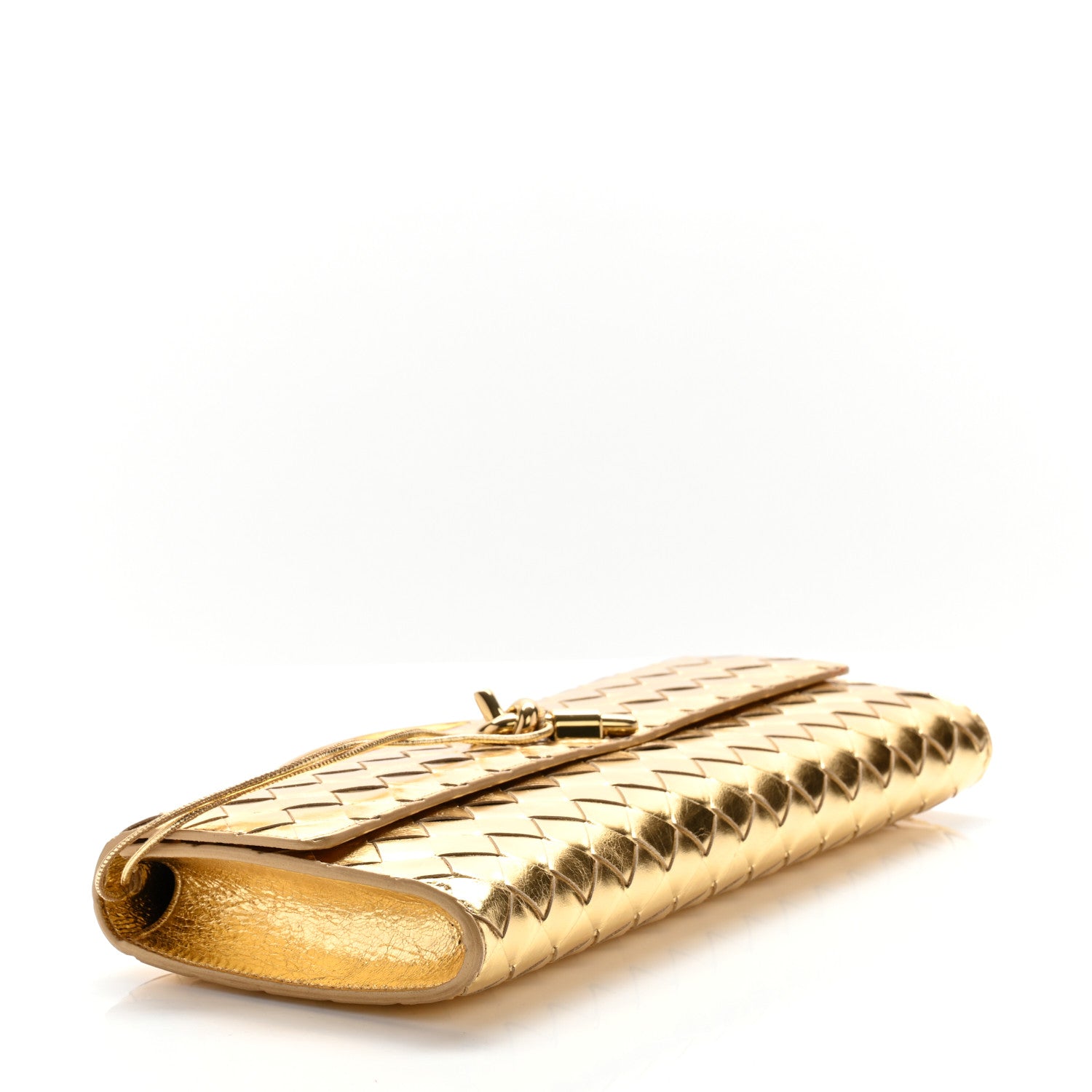 Bottega Veneta Metallic Lambskin Intrecciato Long Andiamo Top Handle Clutch Gold 4 of 13