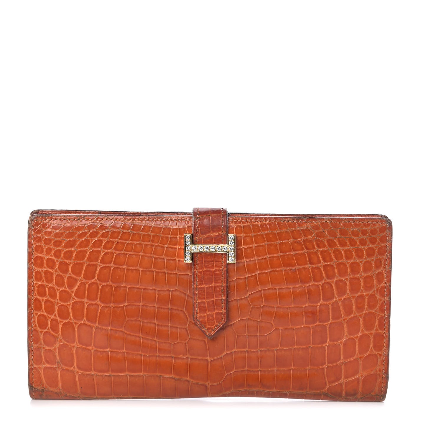 Shiny Niloticus Crocodile 18K Gold Diamond Bearn Wallet Orange