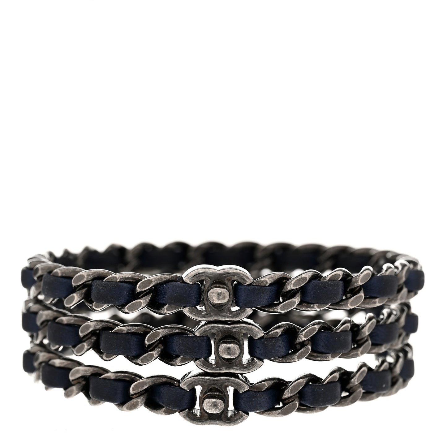 Lambskin Ruthenium Chain CC Bangle Bracelets Set of 3 Navy