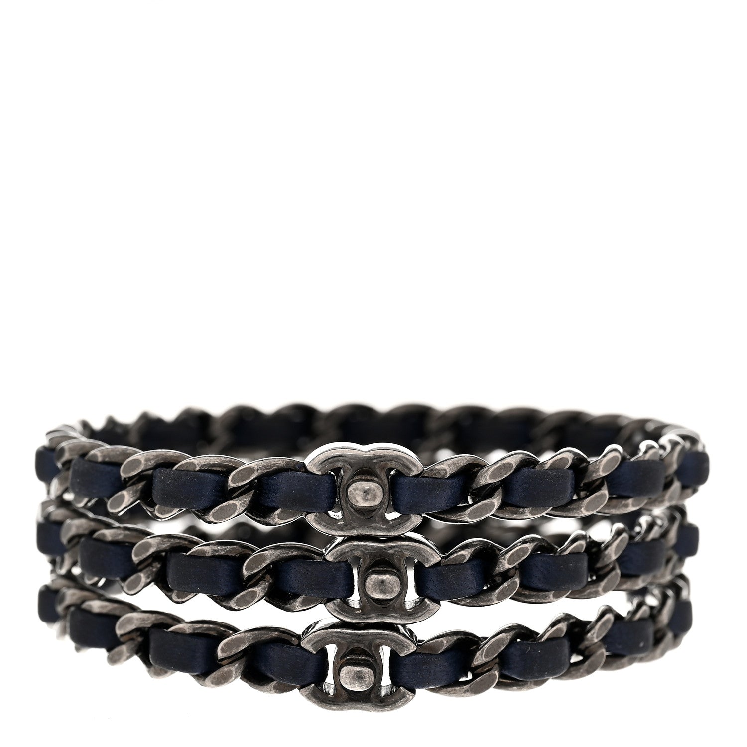 Chanel Lambskin Ruthenium Chain CC Bangle Bracelets Set of 3 Navy 1 of 4