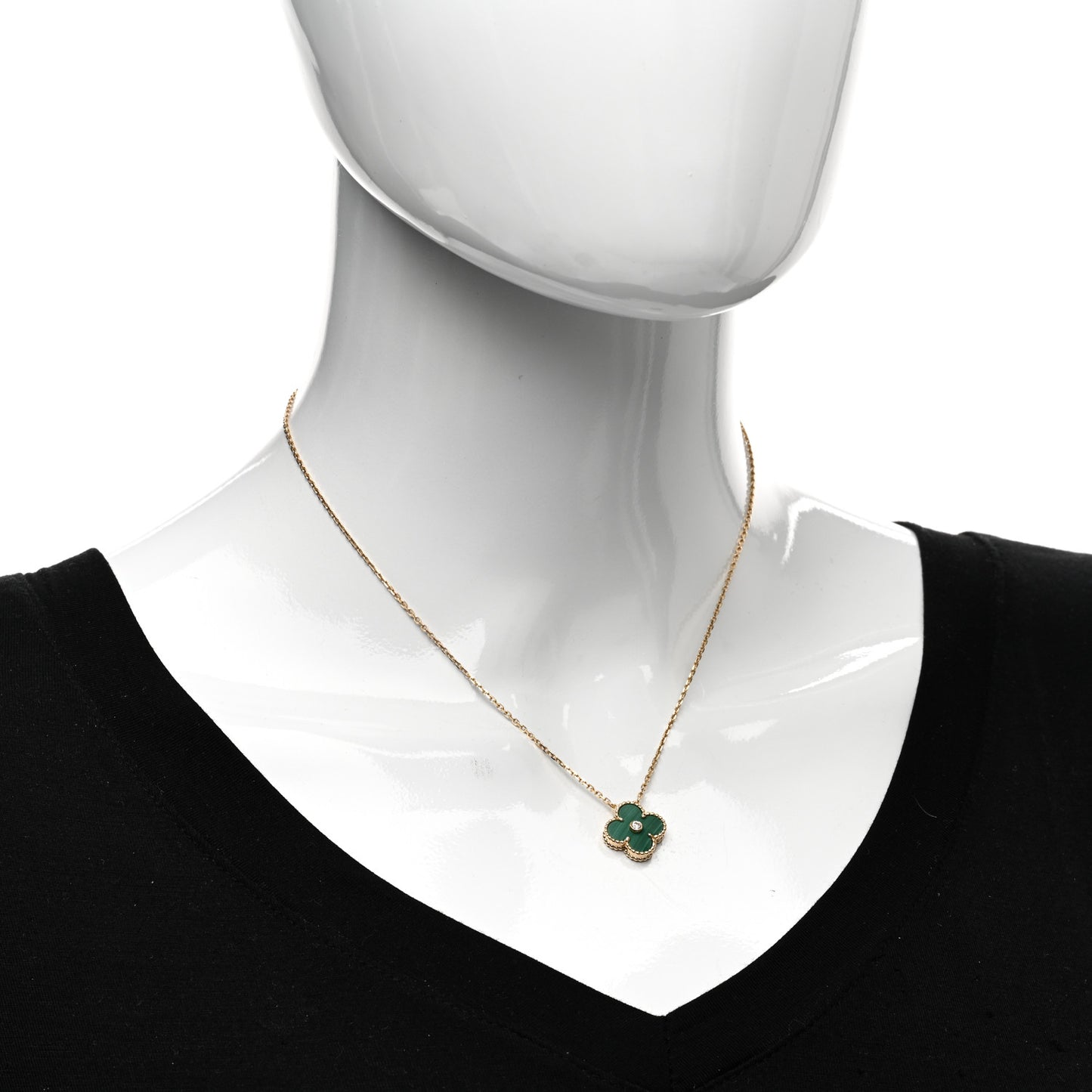 18K Yellow Gold Diamond Malachite Vintage Alhambra Pendant Necklace