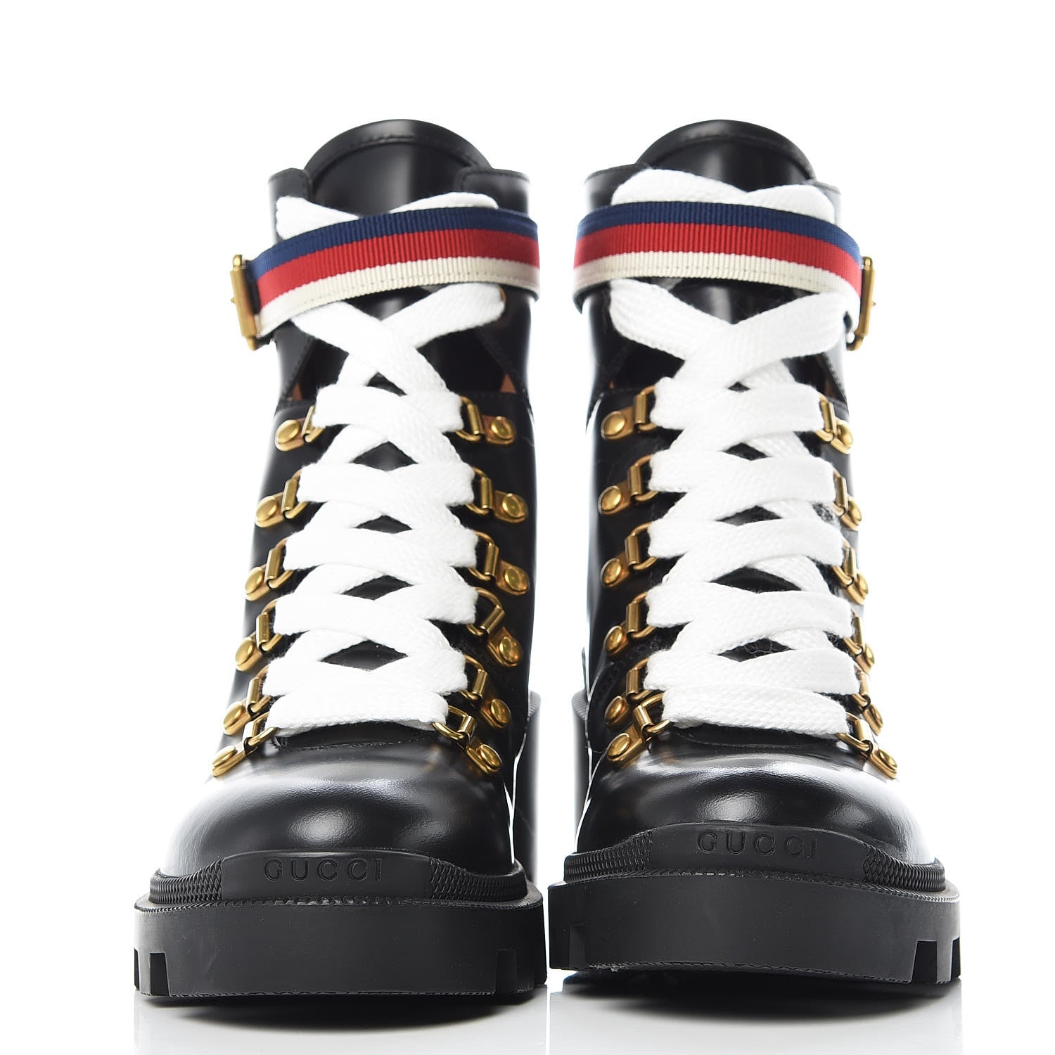 Gucci Calfskin Sylvie Web Lace Up Combat Boots 36 Black 2 of 9