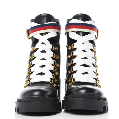 Gucci Calfskin Sylvie Web Lace Up Combat Boots 36 Black 2 of 9