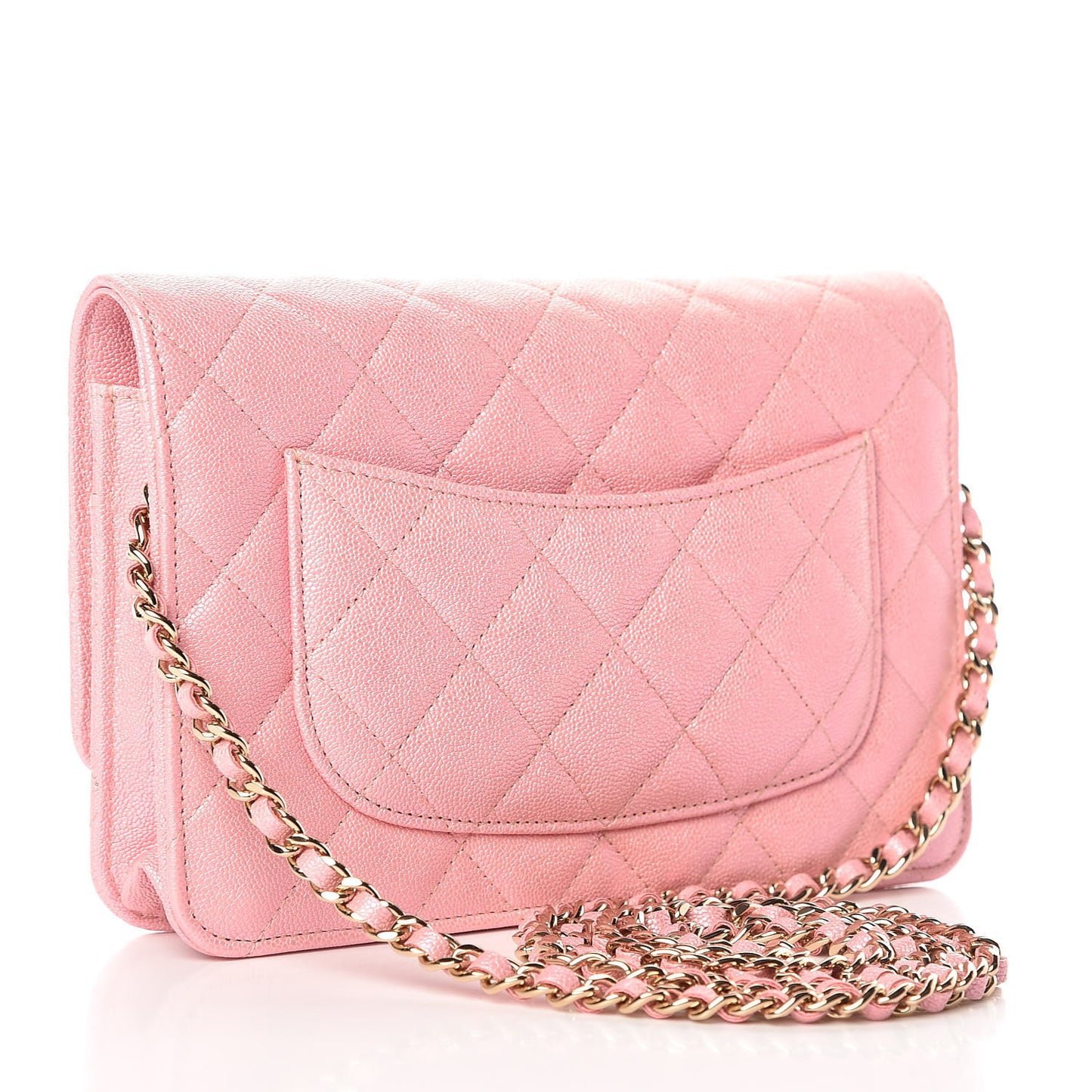 Iridescent Caviar Quilted Wallet on Chain WOC Rose Pink