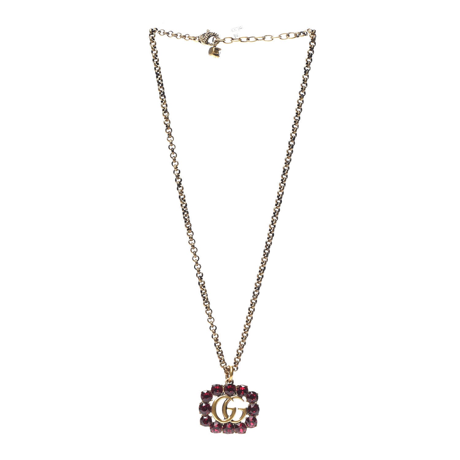 Gucci Crystal Embellished Double G Necklace Red Aged Gold 2 of 4