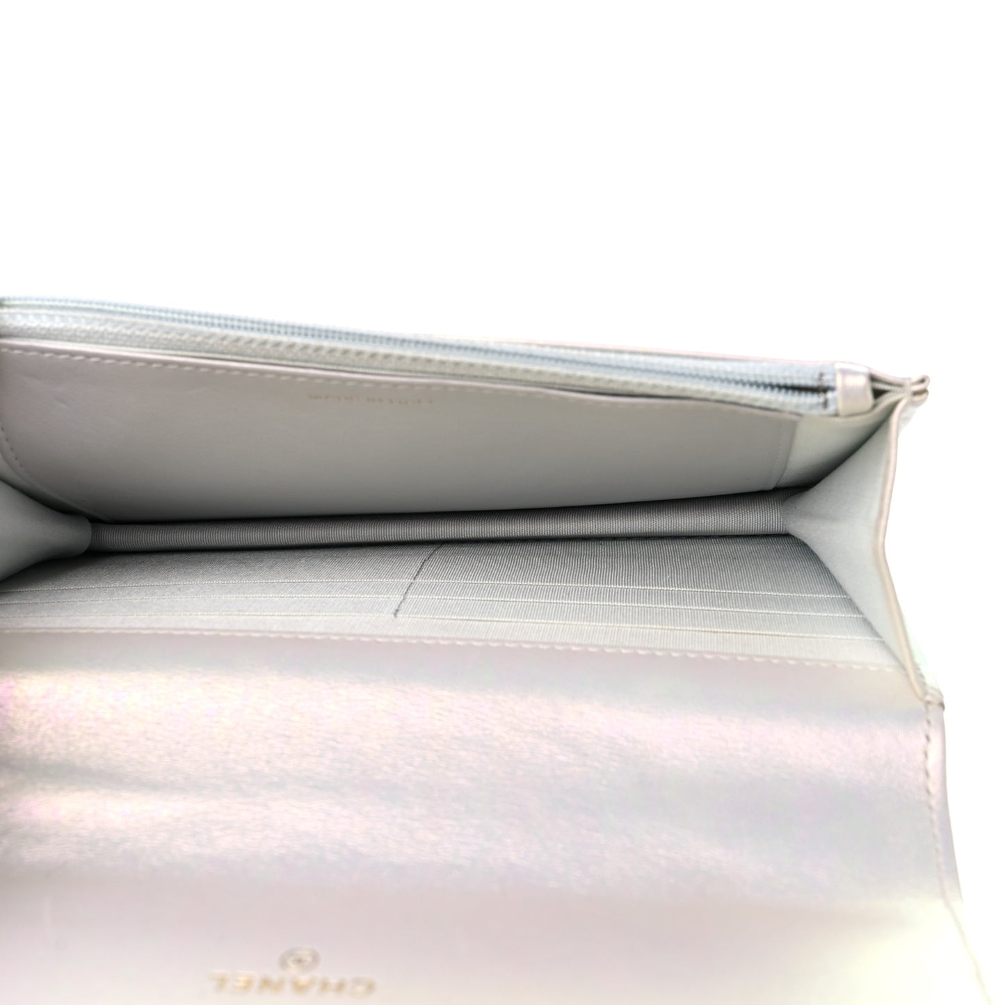 Iridescent Calfskin Quilted Chanel 19 Wallet On Chain WOC White