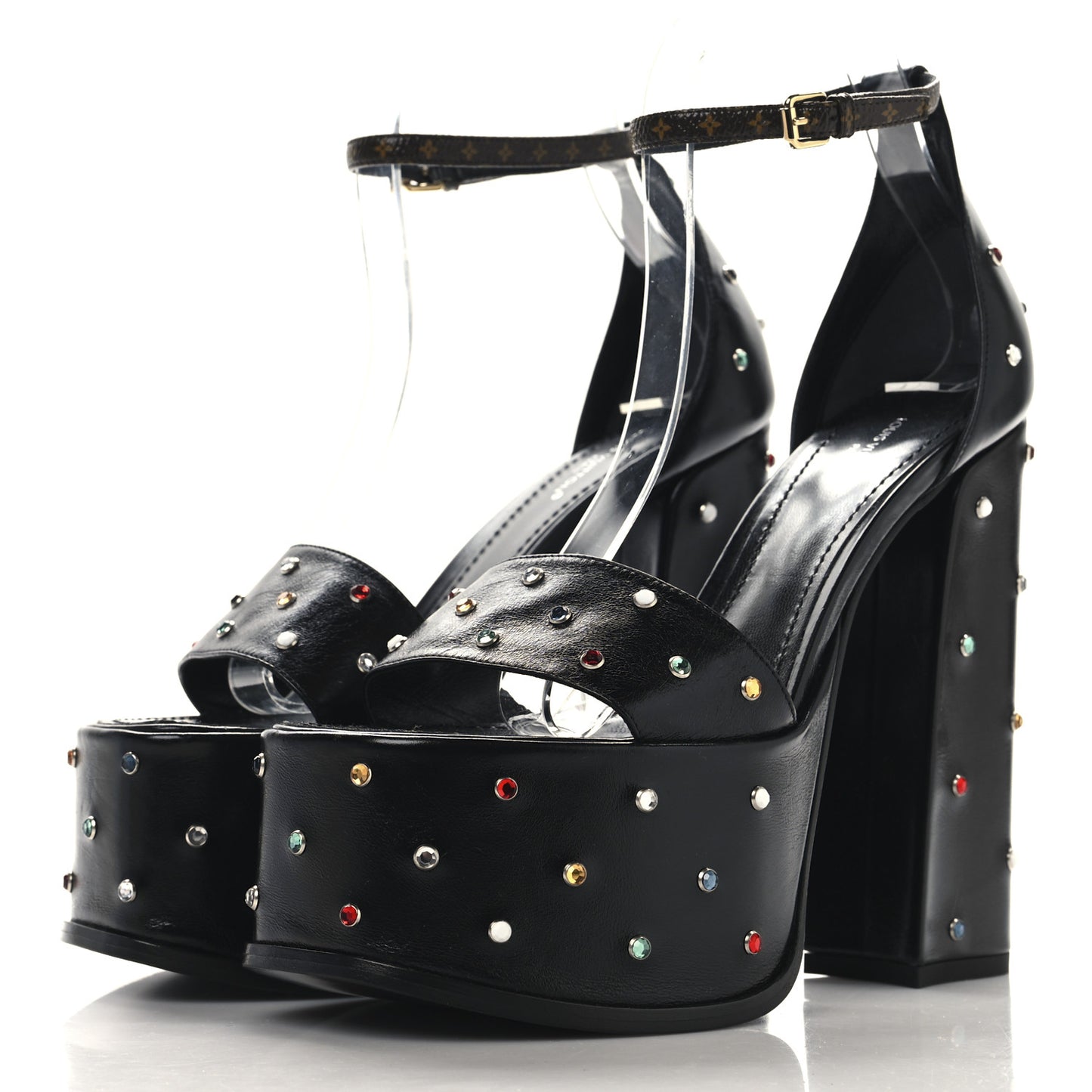 Calfskin Crystal Monogram Platform Sandals 37 Black Multicolor