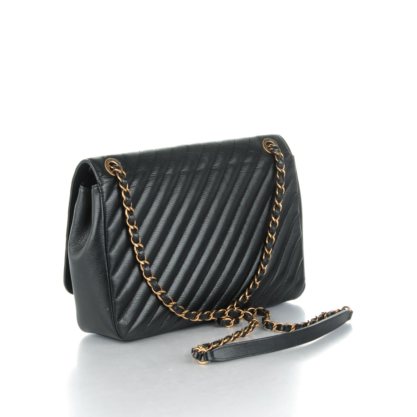 Shiny Goatskin Diagonal Quilted Medium Flap Black