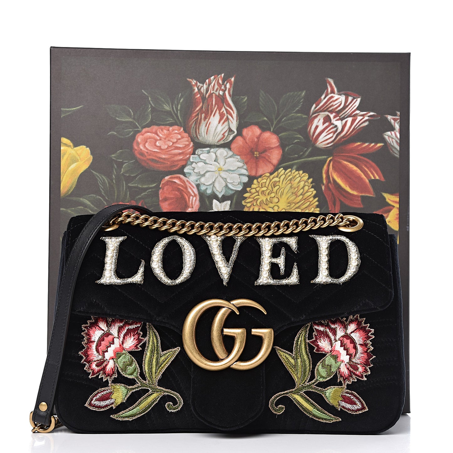 Velvet Matelasse Loved Embroidered Medium GG Marmont Shoulder Bag Black