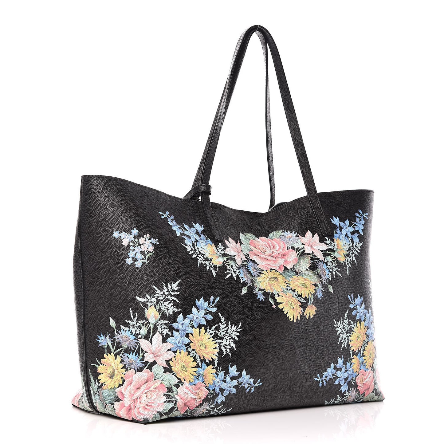 Grained Calfskin Floral Skull Open Shopper Tote Black Multicolor