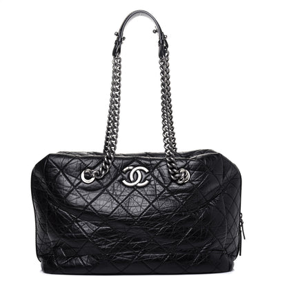 Chanel Aged Calfskin Quilted Large Secret Tag Bowling Bag Black 1 of 27