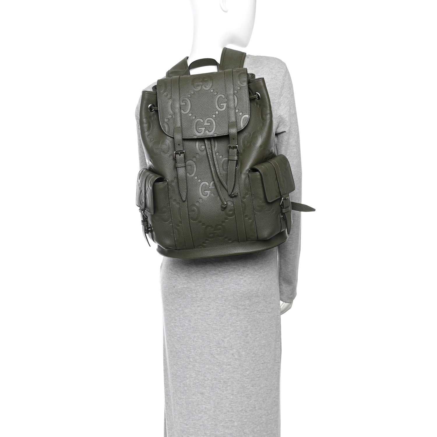 Gucci Piuma Calfskin Jumbo GG Embossed Double Buckle Backpack Dark Vintage Olive 2 of 10