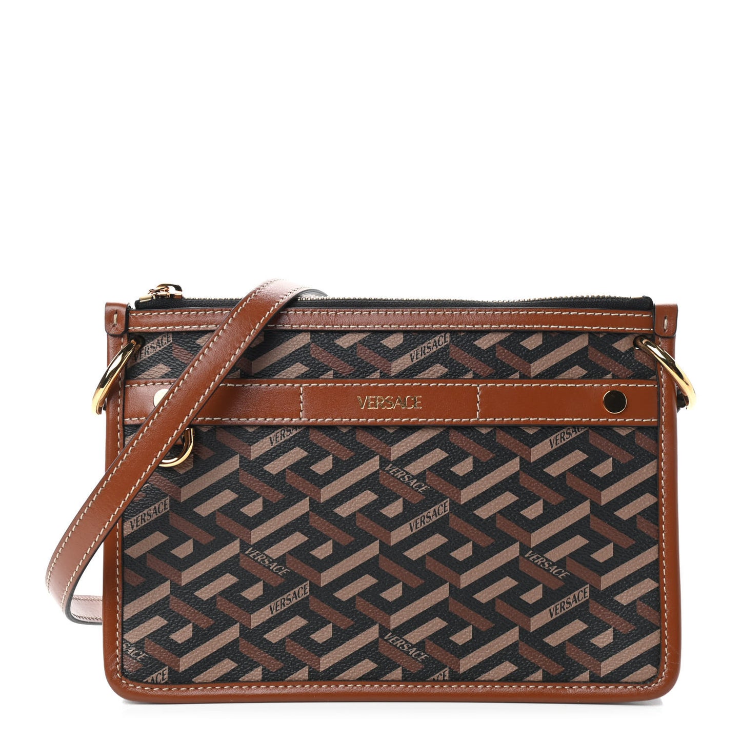 Coated Canvas Medium La Greca Signature Pouch Black Caramel