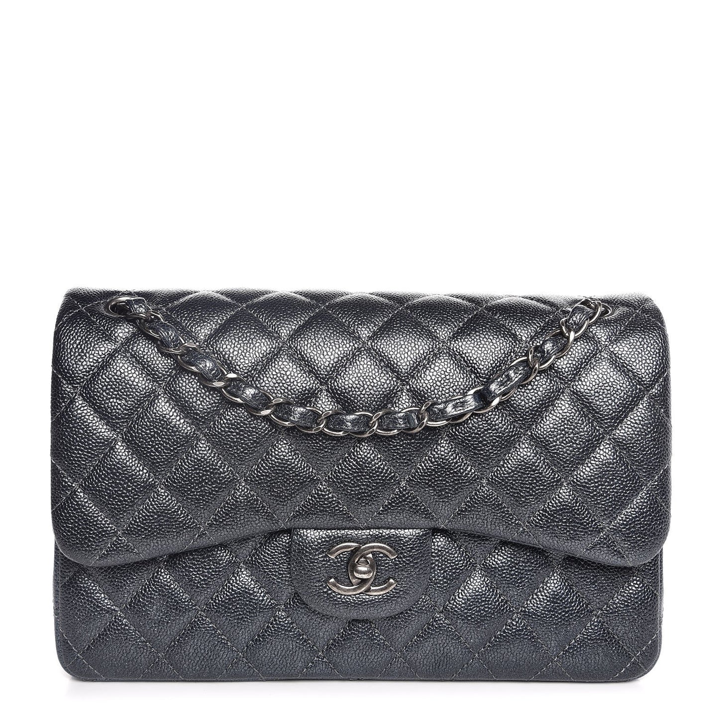 Metallic Caviar Quilted Jumbo Double Flap Dark Grey