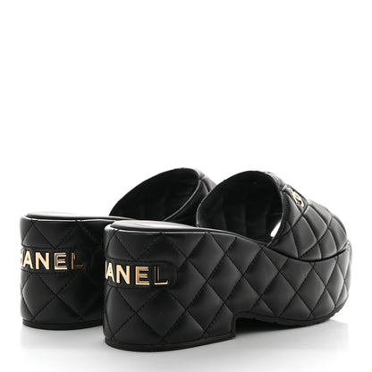 Chanel Lambskin Quilted CC Mules Wedge Sandals 39 Black 4 of 9