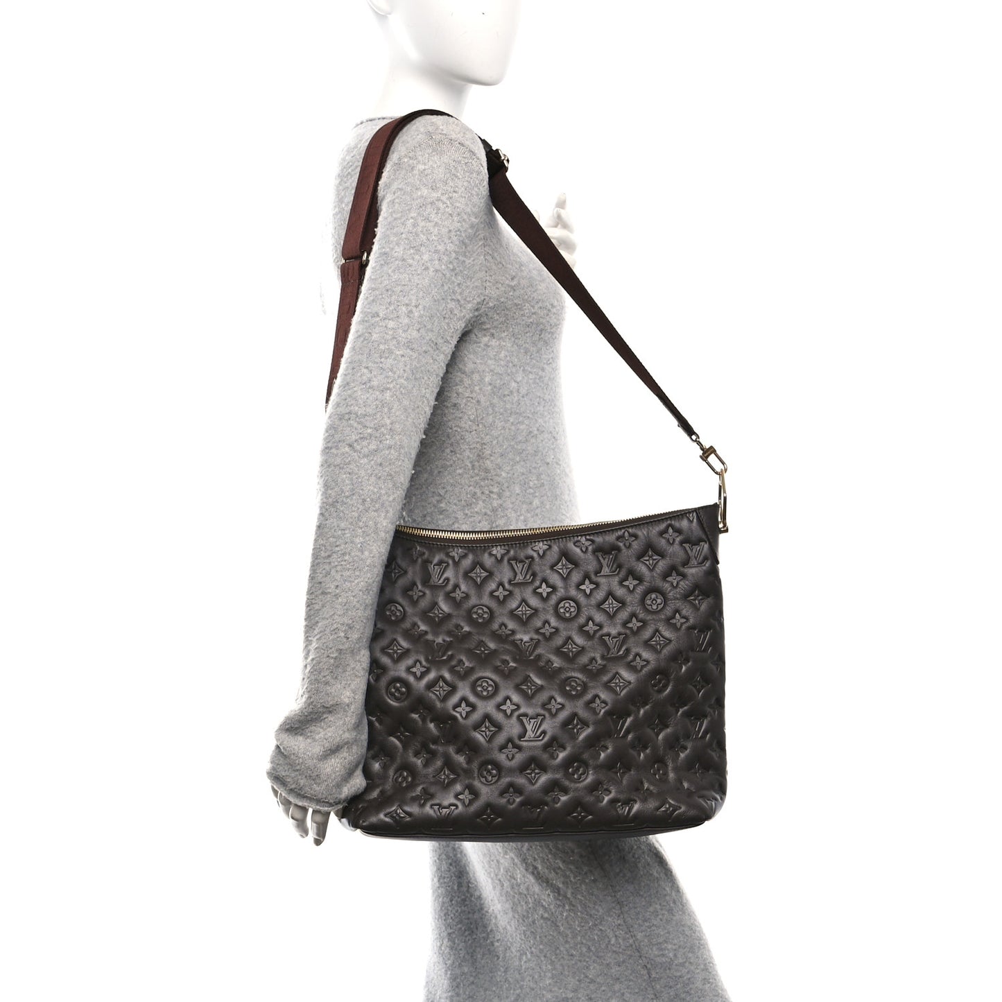 Calfskin Embossed Monogram Coussin Hobo MM Chocolate