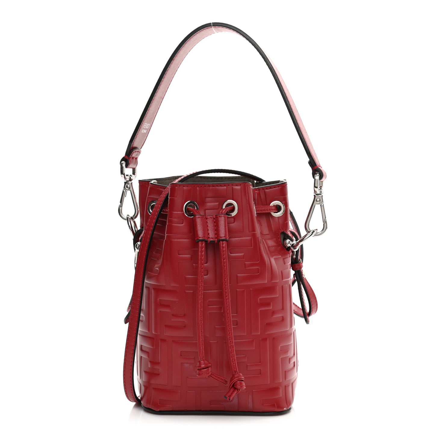 Vitello Liberty F is Fendi FF 1974 Embossed Mini Mon Tresor Bucket Bag Fragola
