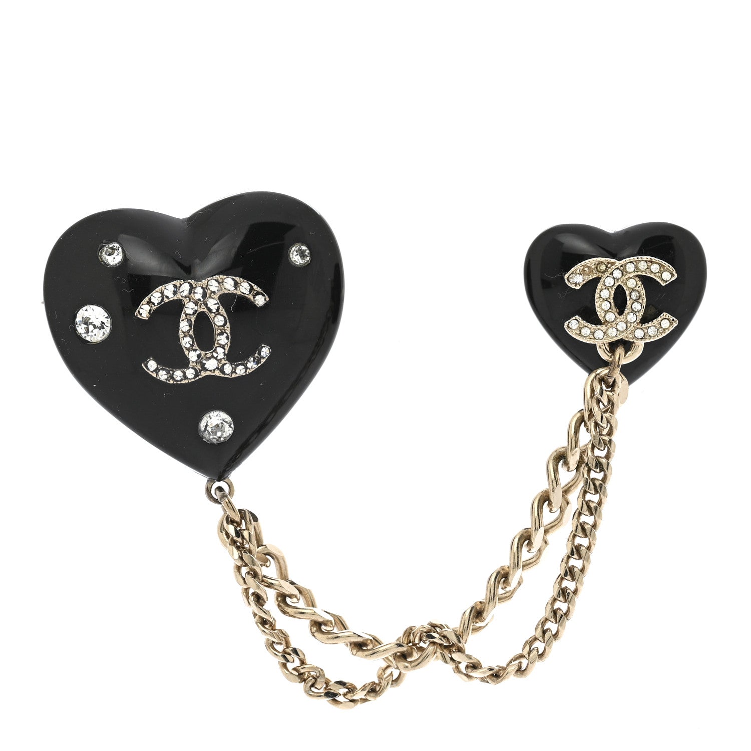 Chanel Resin Crystal CC Heart Multi Strand Chain Brooch Black Gold 1 of 5