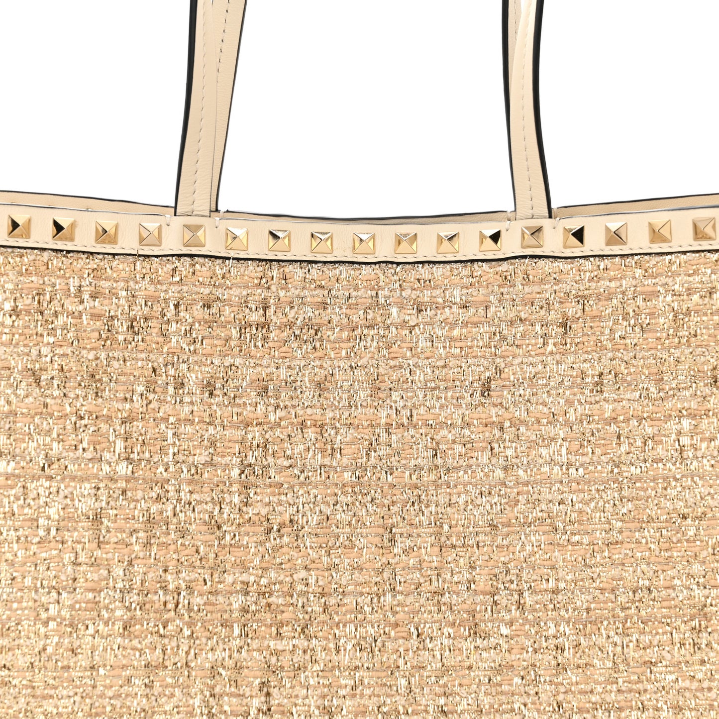 Metallic Boucle Raffia Calfskin Rockstud Tote Bag White Ivory Gold