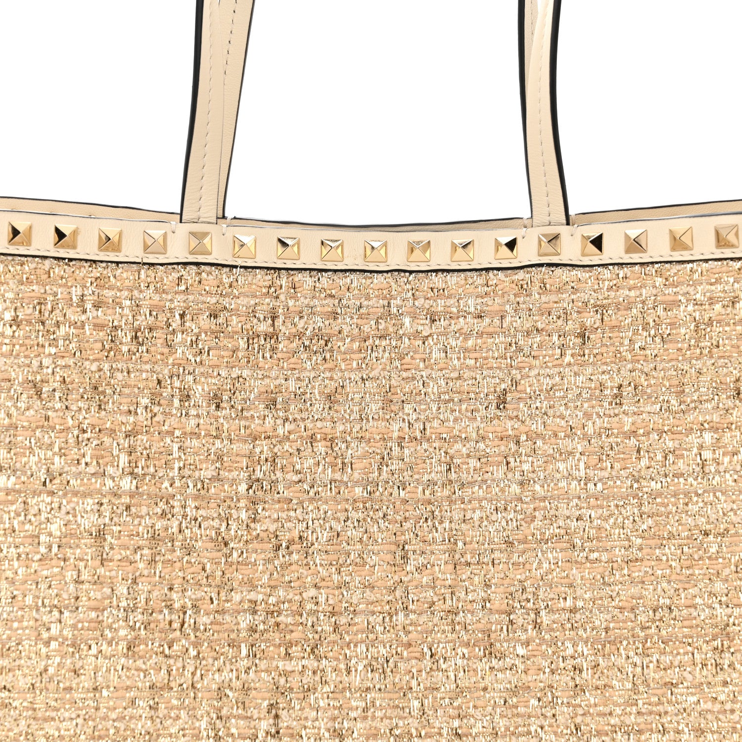 Valentino Garavani Metallic Boucle Raffia Calfskin Rockstud Tote Bag White Ivory Gold 7 of 9