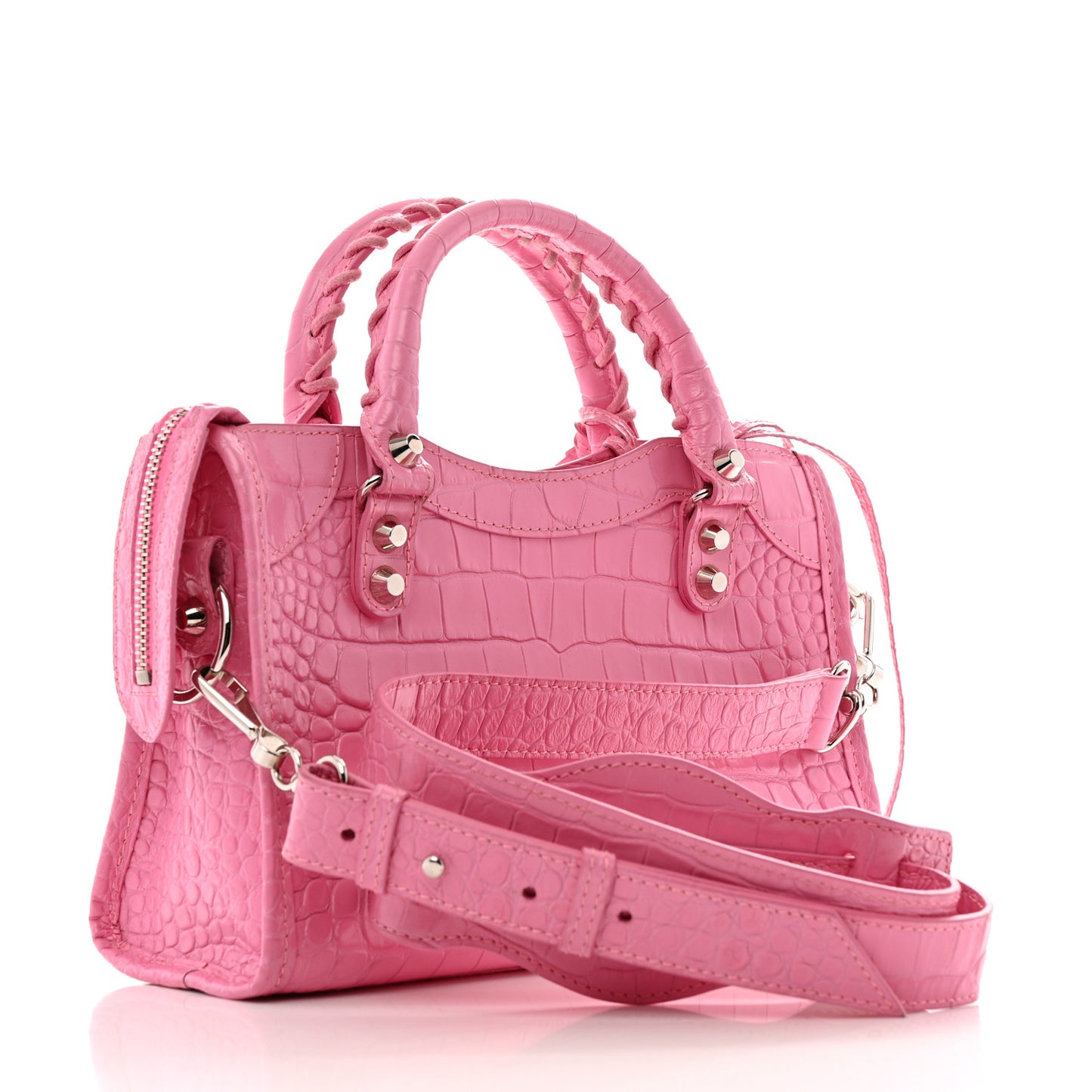 Shiny Supple Calfskin Crocodile Embossed Classic Silver Hardware Mini City Baby Pink