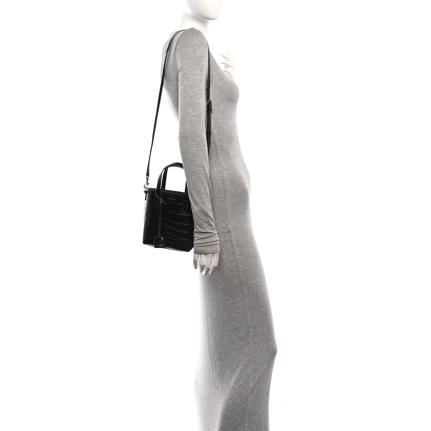 Calfskin Crocodile Embossed Paris Mini Toy Shopper Tote Black