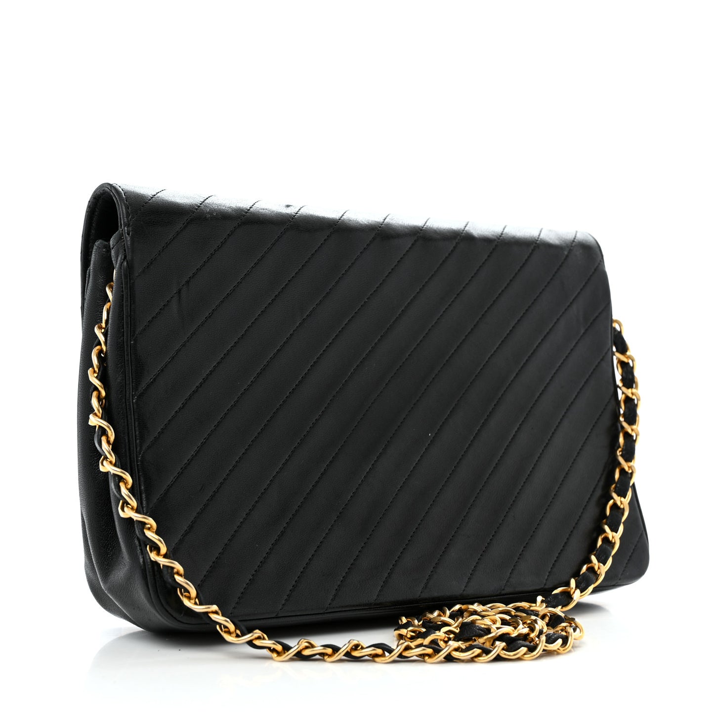 Lambskin Diagonal Quilted Small Single Flap Black