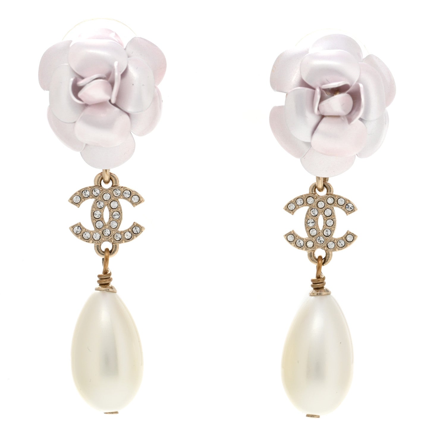 Chanel Metal Crystal Pearl 90s Camellia CC Drop Earrings Gold 1 of 4