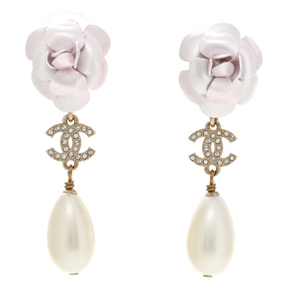 Chanel Metal Crystal Pearl 90s Camellia CC Drop Earrings Gold 1 of 4