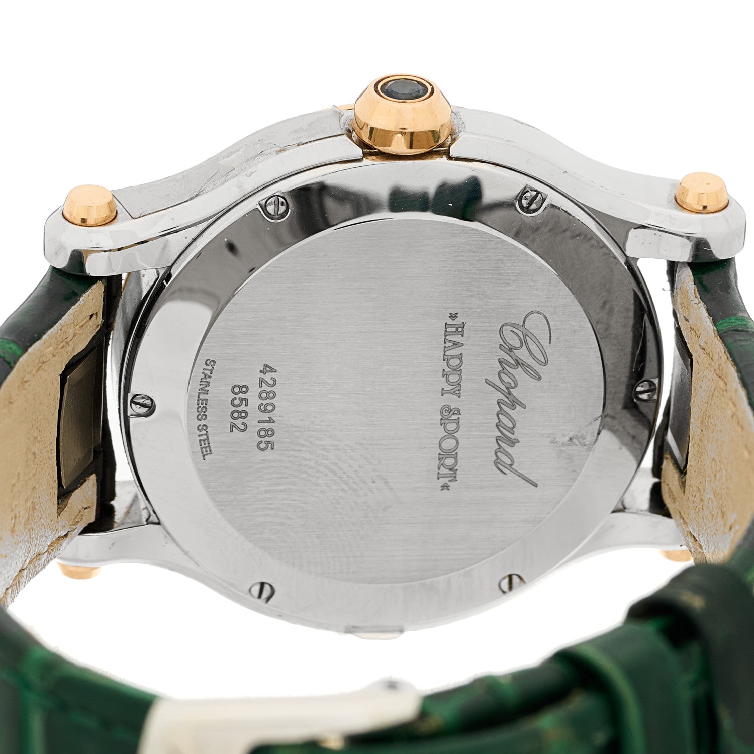 Chopard Stainless Steel 18K Rose Gold Alligator 5 Diamond 36mm Happy Sport Quartz Watch Green 4 of 5