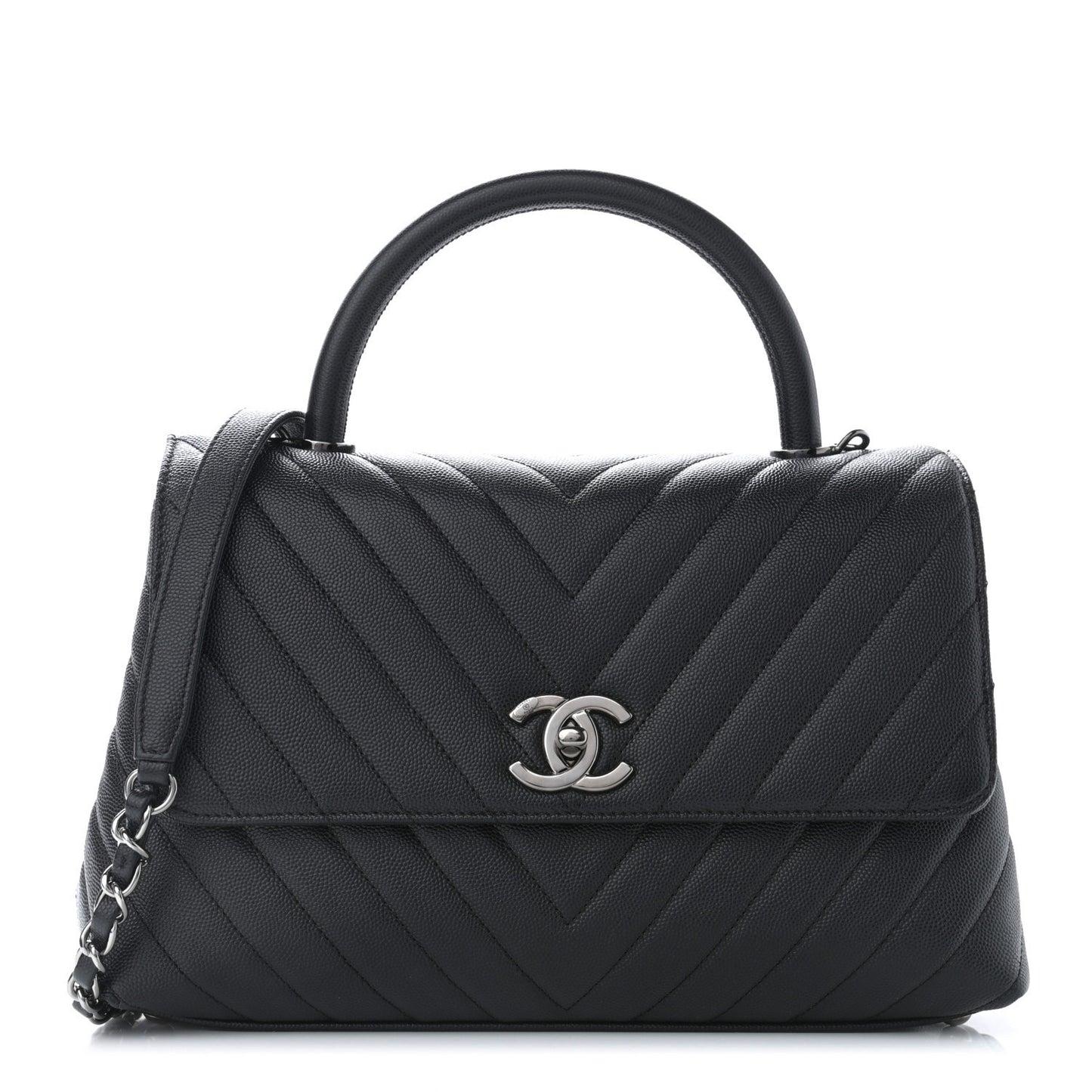 Caviar Chevron Quilted Small Coco Handle Flap Black