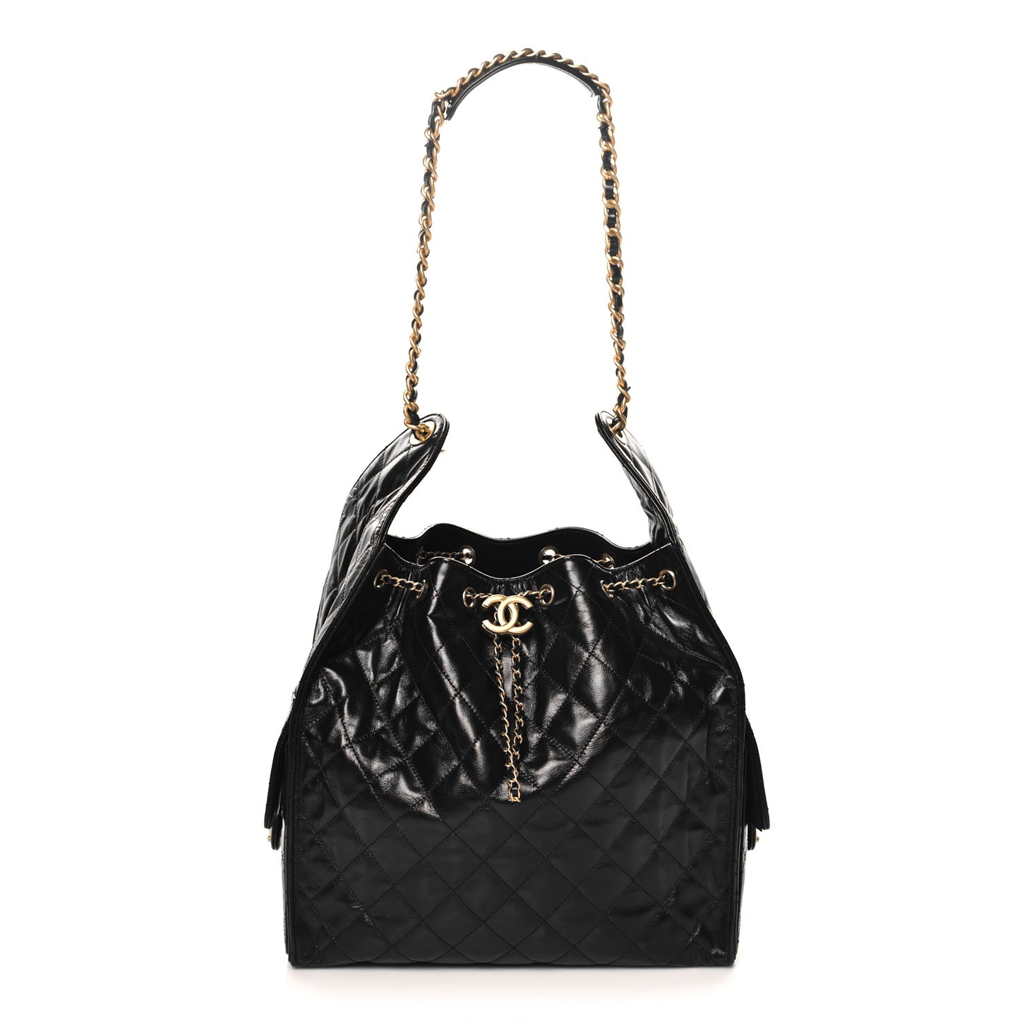 Shiny Crumpled Calfskin Quilted Medium Chanel 25 Handbag Black