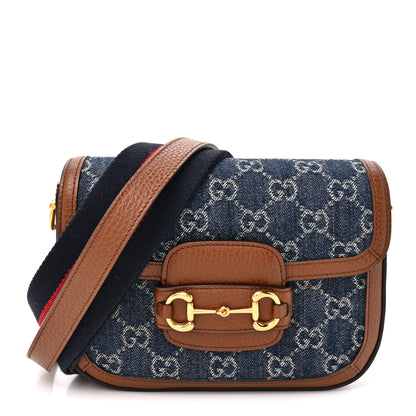 Gucci New Denim GG Monogram Dollar Calfskin Web Mini Horsebit 1955 Shoulder Bag Blue Tea Cuir Epilog 1 of 10